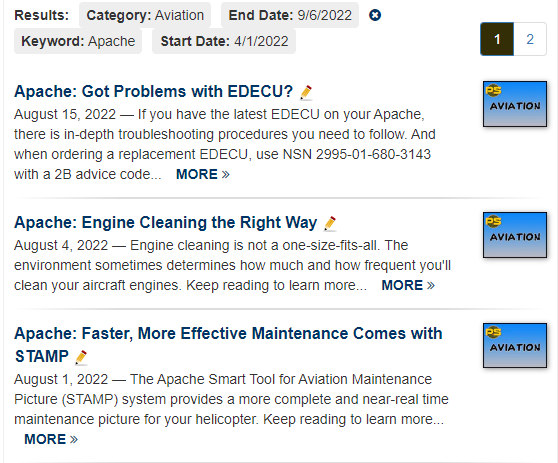 Search results using category, keyword and date range.