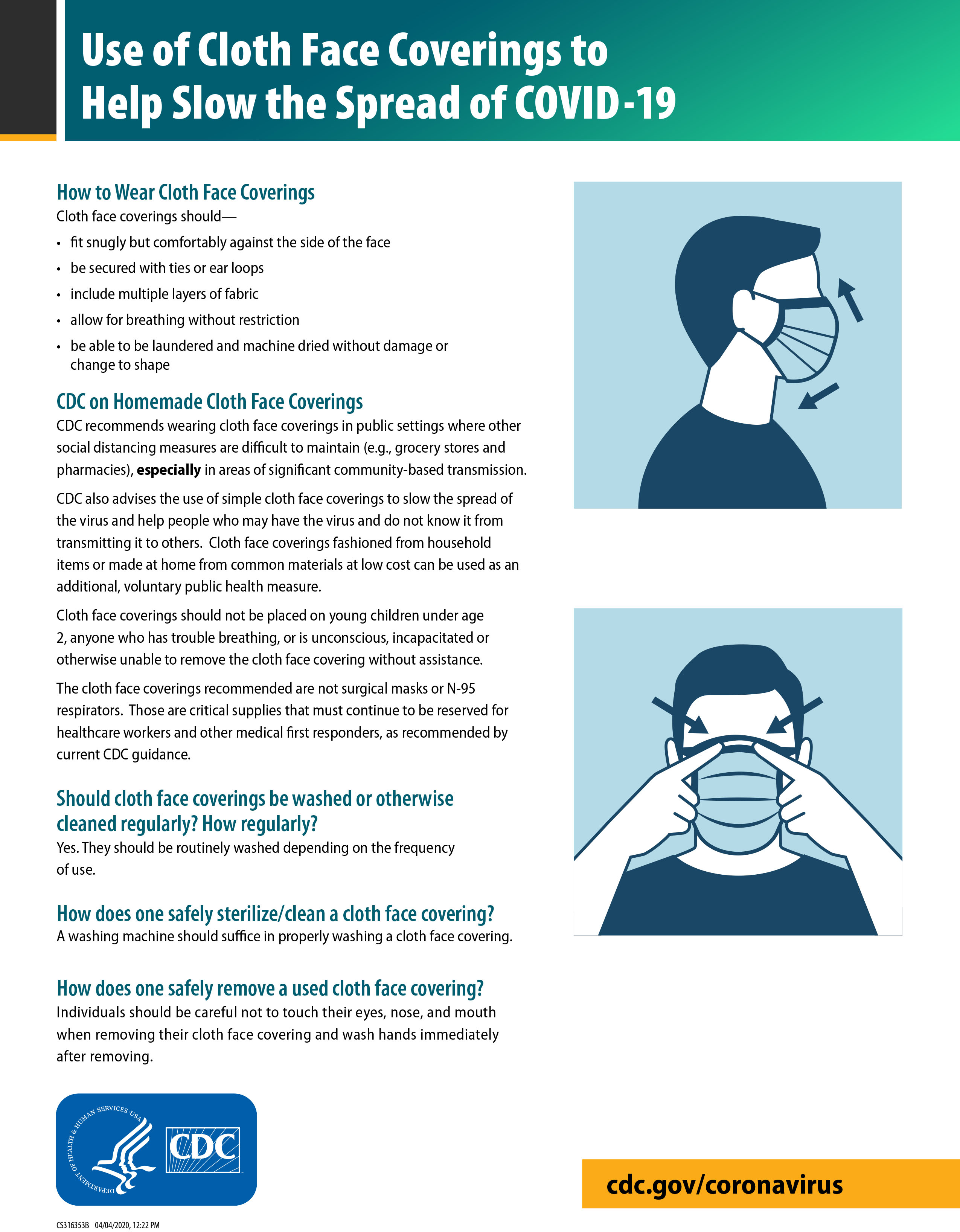 CDC Guide for use of face cloth coverings